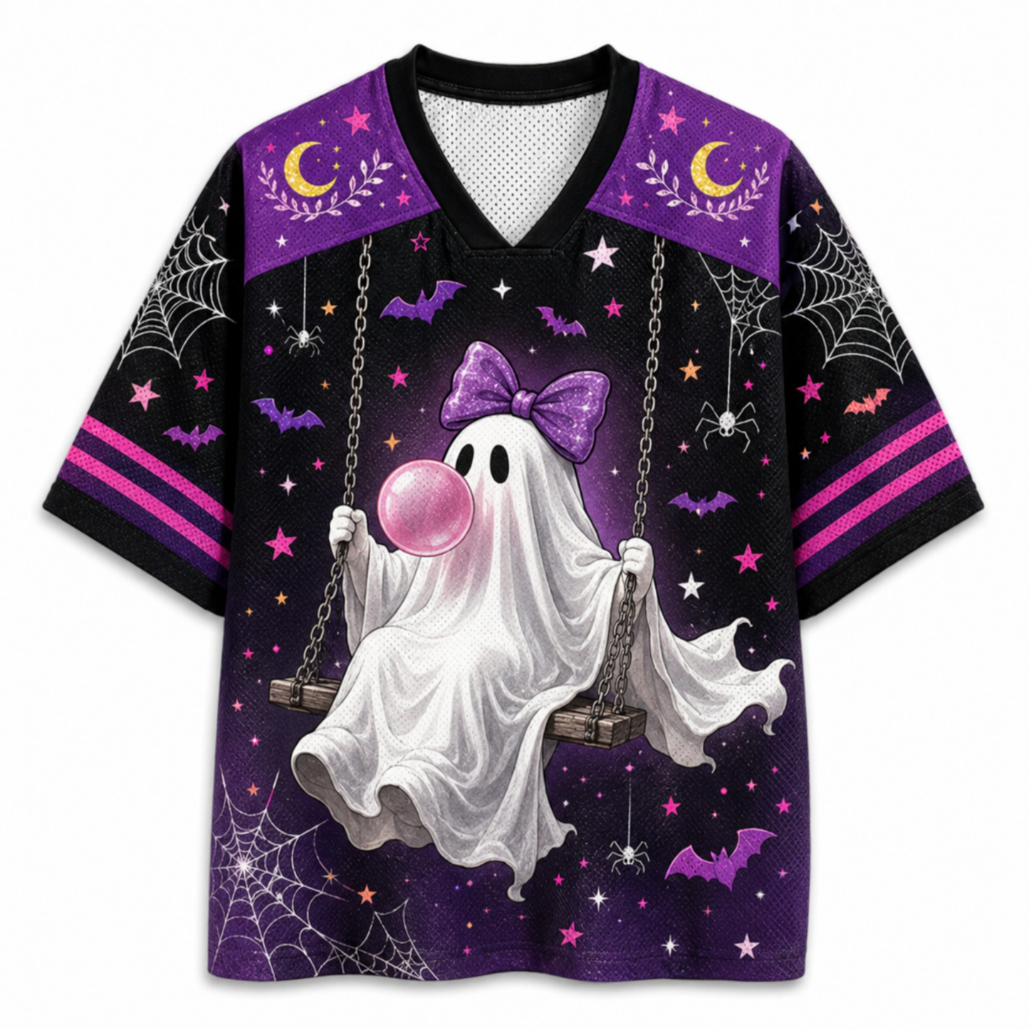 A short-sleeve V-neck t-shirt with a Halloween theme, featuring a white ghost on a swing holding a pink bubblegum bubble, set against a purple and black starry sky background with bats, spiders, and crescent moons.