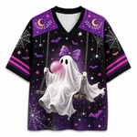 A short-sleeve V-neck t-shirt with a Halloween theme, featuring a white ghost on a swing holding a pink bubblegum bubble, set against a purple and black starry sky background with bats, spiders, and crescent moons.
