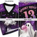 A four-panel detail view of a Halloween-themed sports jersey. The panels show the collar detail, back text and number detail, hem detail, and print detail.