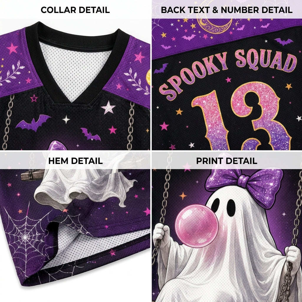 A four-panel detail view of a Halloween-themed sports jersey. The panels show the collar detail, back text and number detail, hem detail, and print detail.