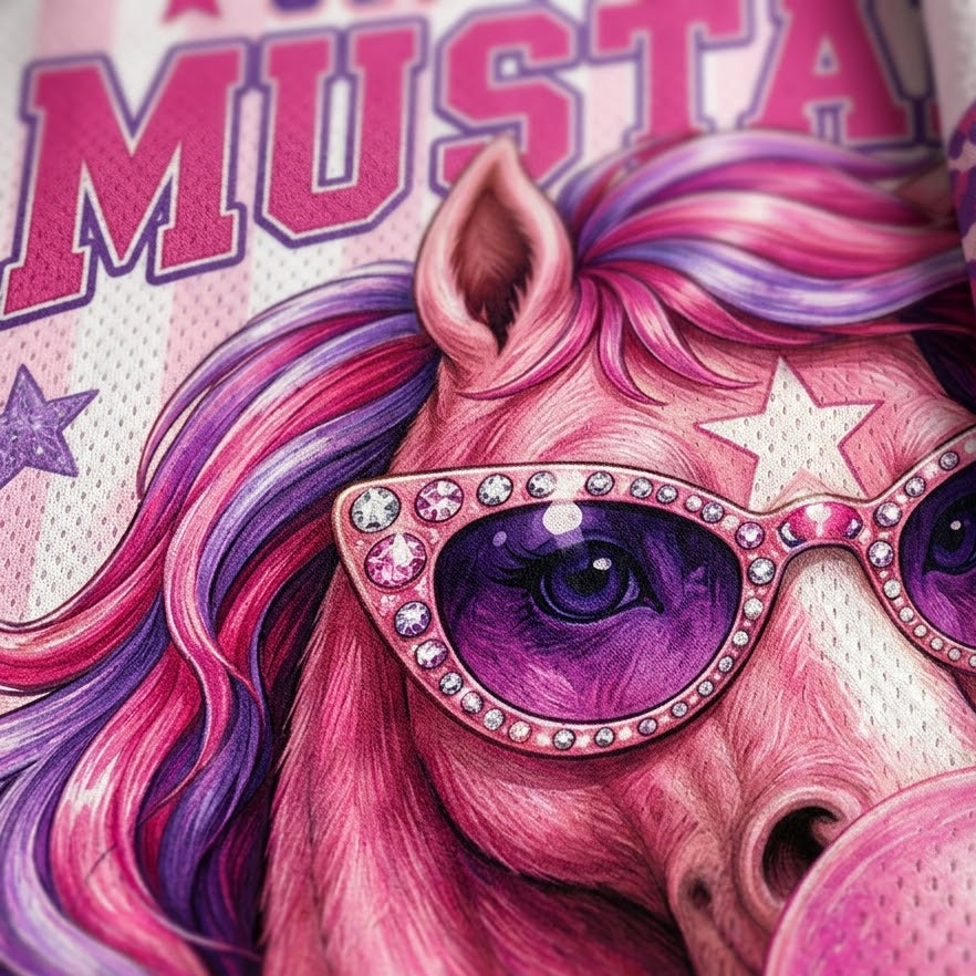 A close-up of a pink and purple graphic print featuring a stylized horse face with oversized rhinestone sunglasses, a star on its forehead, and partial text reading 'MUSTA' at the top. A folded section of matching patterned fabric is visible on the right edge.