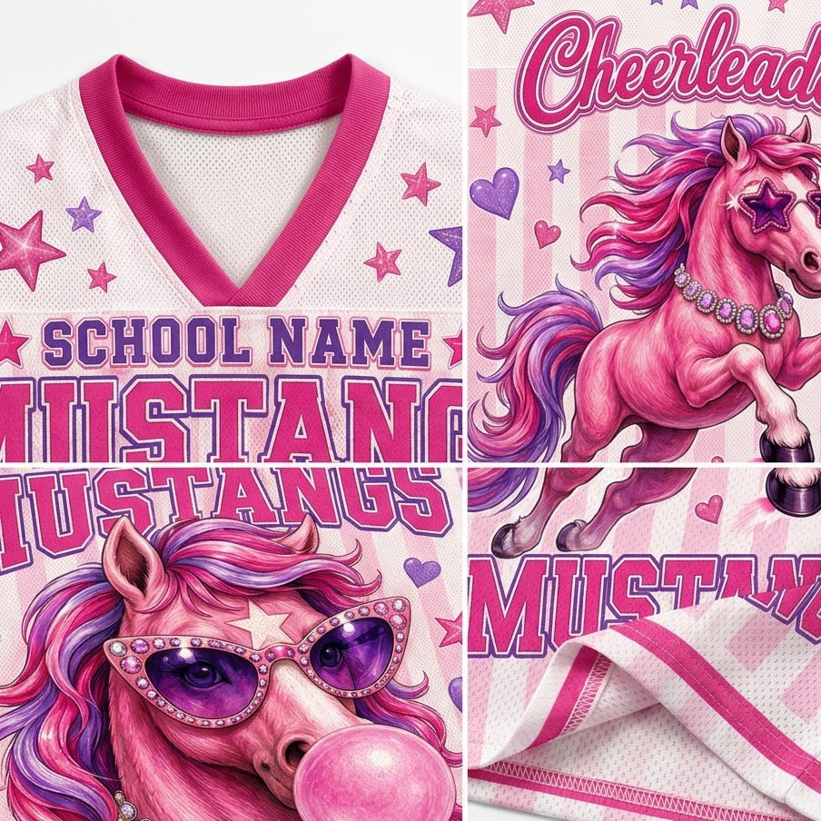 Pink and white mesh athletic jersey with a cartoon pink mustang horse graphic, purple sunglasses, gem details, and text reading 'SCHOOL NAME', 'MUSTANGS', and 'Cheerleader'.