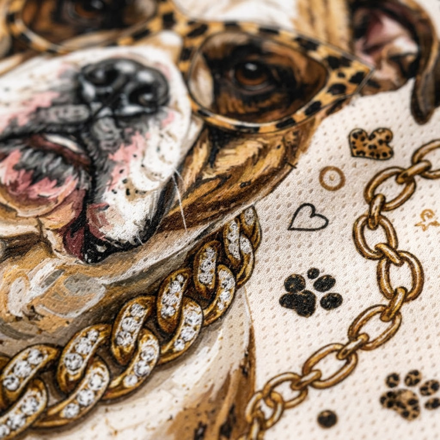 Close-up of a printed fabric featuring an illustrated bulldog wearing gold chain sunglasses, with paw prints, hearts, and chain motifs on a light beige background.