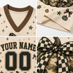 A 4-image grid collage highlighting the dark brown ribbed V-neck collar, long sleeve athletic stripes, coquette bow doodles, macro stitching, and comfortable jersey fabric.