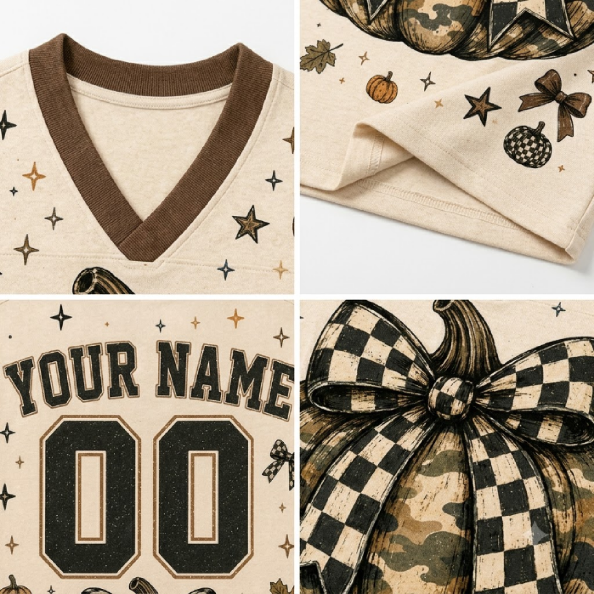 A 4-image grid collage highlighting the dark brown ribbed V-neck collar, long sleeve athletic stripes, coquette bow doodles, macro stitching, and comfortable jersey fabric.