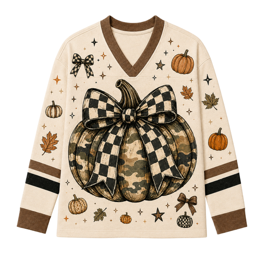 Front view of the cream long sleeve jersey displaying a large camouflage patterned pumpkin tied with a big black and white checkered coquette bow, autumn leaves, and stars.