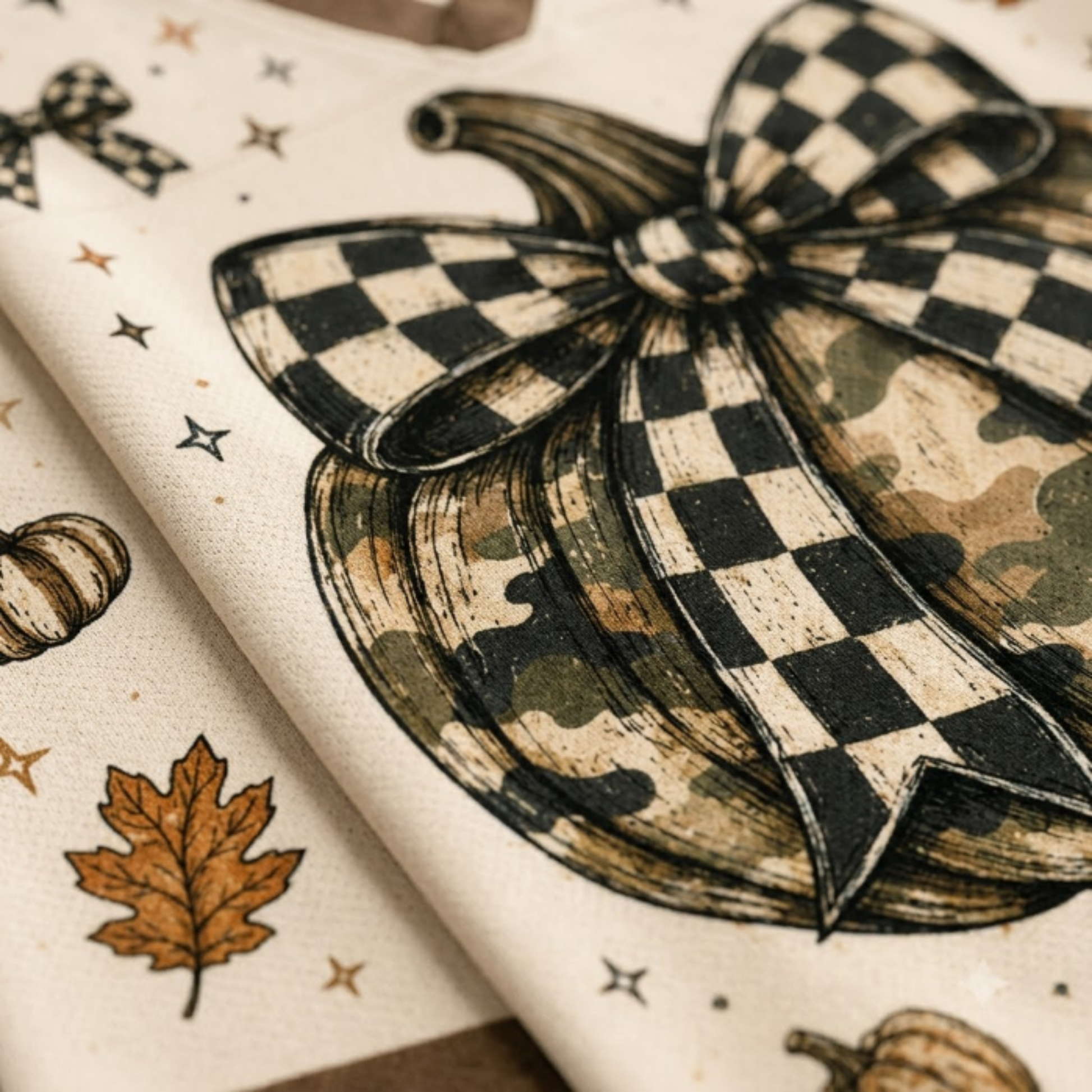 Close-up of a fabric surface with a large illustrated pumpkin and bow motif in black, beige, and muted green camouflage, plus small autumn leaves and stars on a cream background.