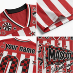 A red and white striped mesh sports jersey shown in a four-panel collage, highlighting the collar, sleeve, front graphic area with customizable 'your name' text, and a 'Mascot School Name' patch design.
