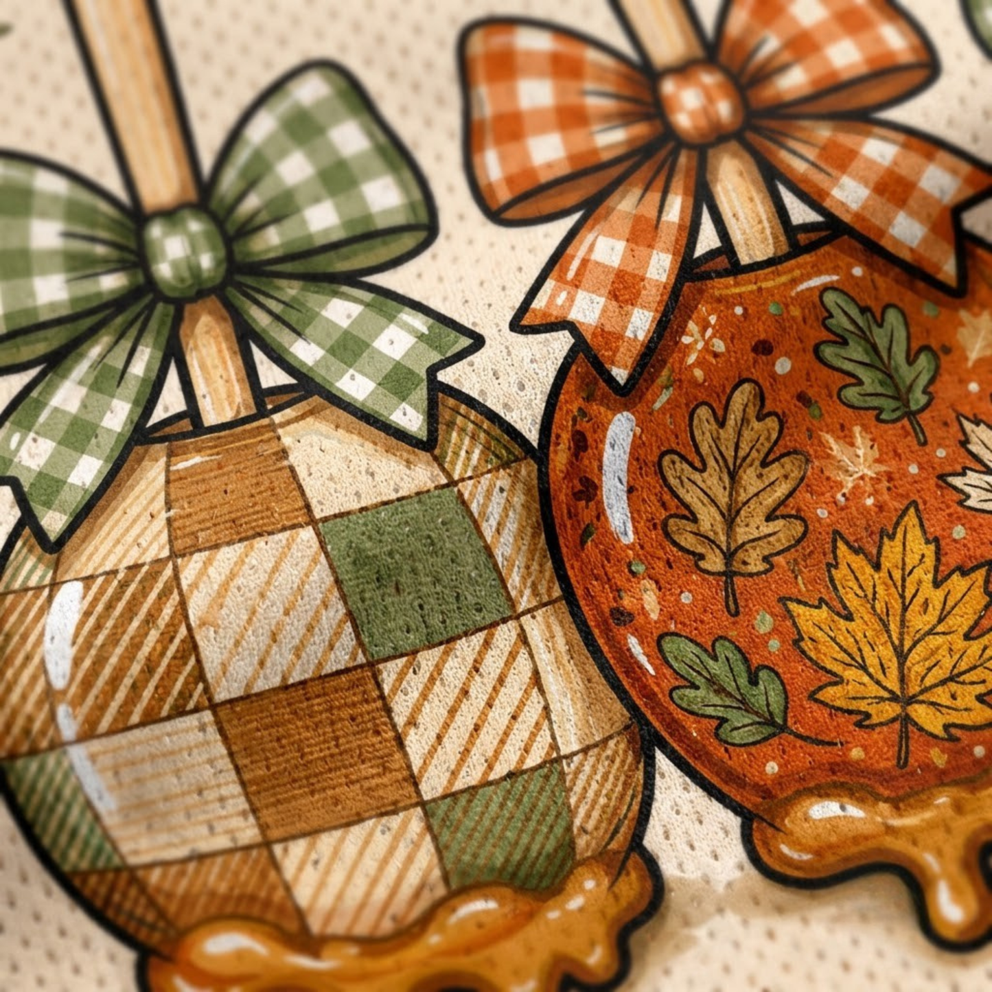Macro close-up shot of the graphic print on mesh fabric, focusing on the high-definition textures of the dripping caramel sauce, leopard bow, and plaid pattern on the apples.