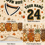 Product compilation highlighting the black and white V-neck ribbed collar, olive green and burnt orange sleeve athletic stripes, caramel apple sleeve art, and mesh fabric.