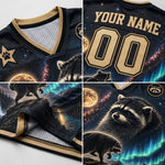 A four-panel close-up collage of a custom sports jersey. The jersey has a dark space-themed print with raccoons, moons, aurora lights, and a paw print patch.