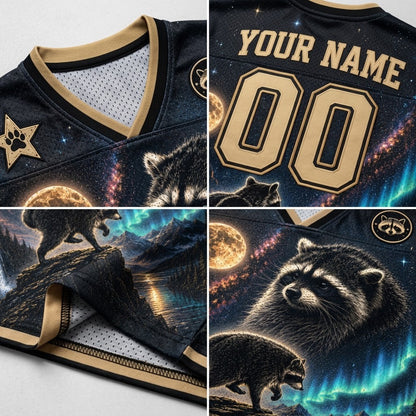 A four-panel close-up collage of a custom sports jersey. The jersey has a dark space-themed print with raccoons, moons, aurora lights, and a paw print patch.