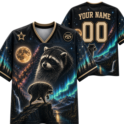 Front and back mockup preview of the black Chaotic Club wildlife jersey featuring raccoons under northern lights, full moon, custom name, and number 00.