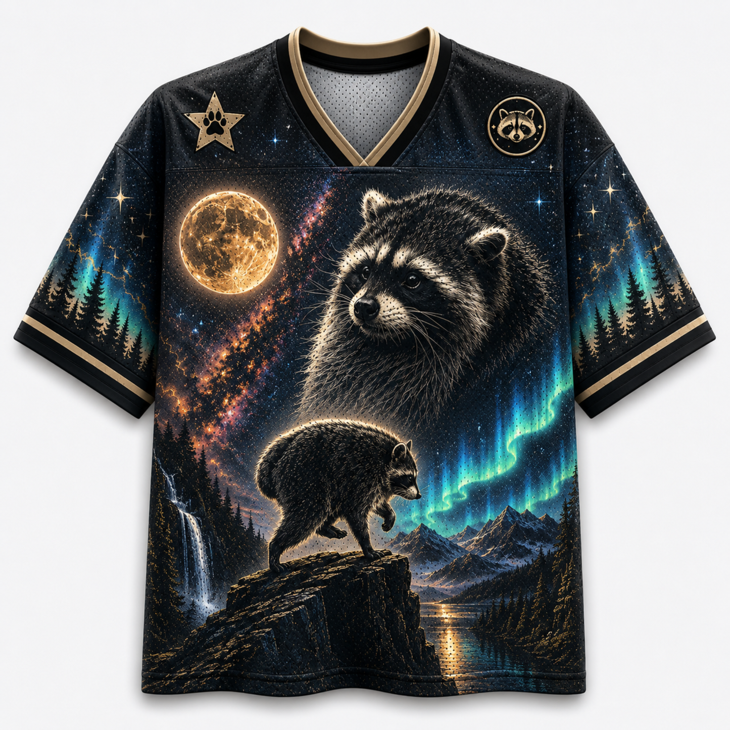 A short-sleeve V-neck t-shirt featuring a detailed graphic print of two raccoons over a mountain landscape with a moon, aurora, and waterfall. The shirt has a black base with gold trim on the collar and cuffs, and gold and teal details in the print.