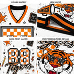 A four-panel product detail collage for a white V-neck athletic jersey with orange and black graphics. The panels show the collar macro, hem macro, back print macro, and tiger detail macro, featuring orange and black checkered patterns, the number 88, 'Tigers' script, stars, and a tiger face with star glasses.