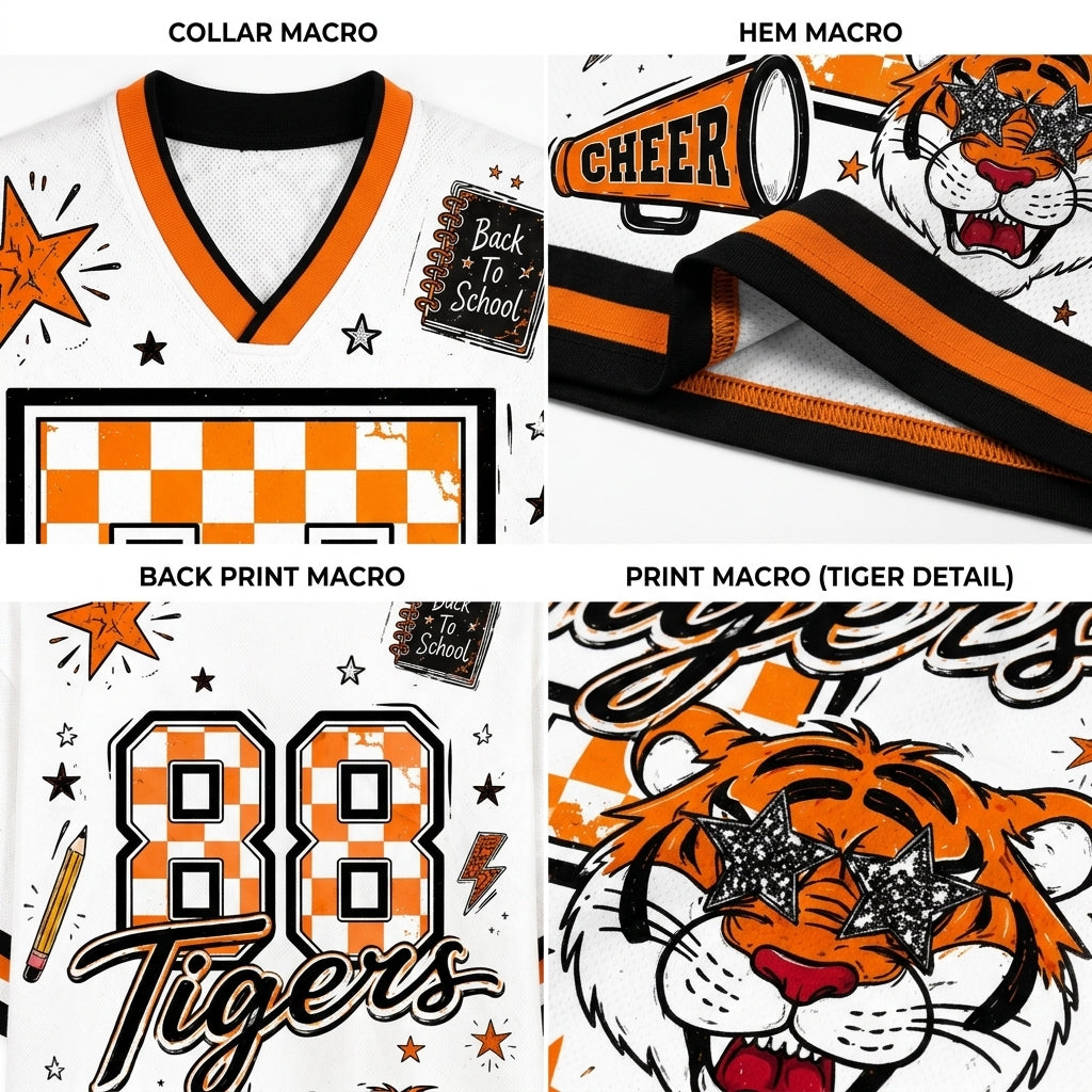 A four-panel product detail collage for a white V-neck athletic jersey with orange and black graphics. The panels show the collar macro, hem macro, back print macro, and tiger detail macro, featuring orange and black checkered patterns, the number 88, 'Tigers' script, stars, and a tiger face with star glasses.