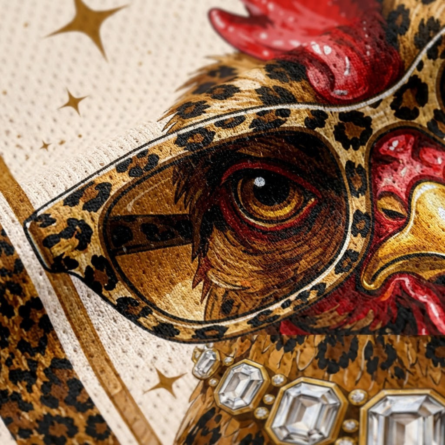 Macro close-up shot of the graphic print on mesh fabric, focusing on the high-definition textures of the chicken feathers, sparkling diamond necklace, and leopard sunglasses.