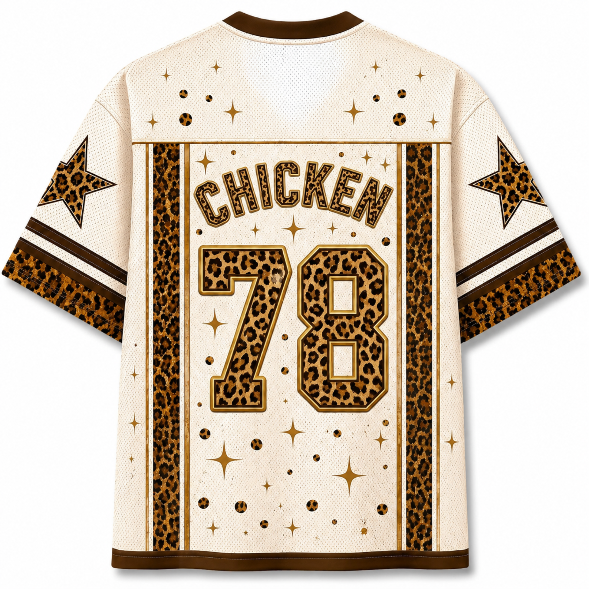 Back view of the Chaotic Club jersey showcasing 'CHICKEN' typography above a leopard print number 78 surrounded by sparkle stars.