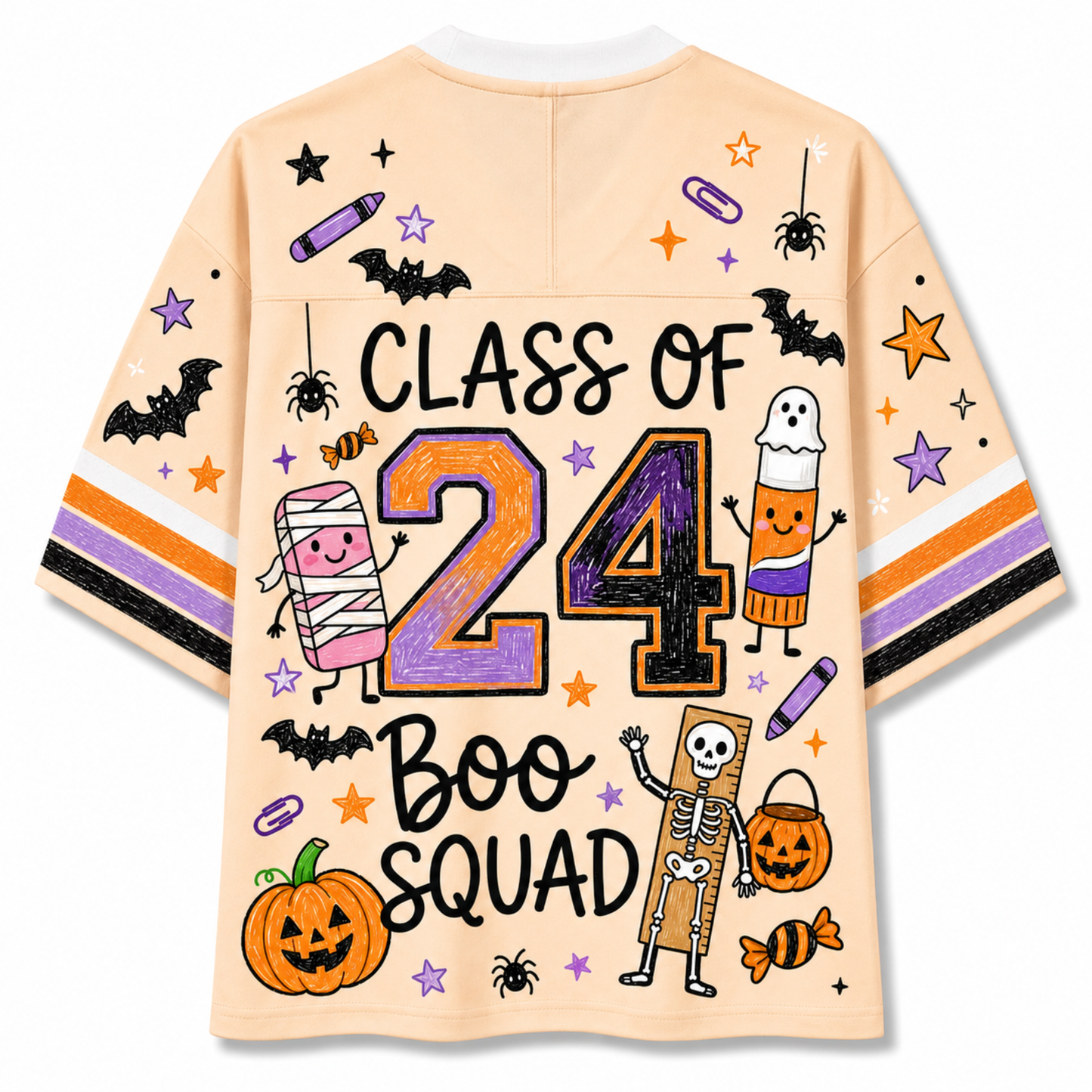 A light peach-colored short-sleeve t-shirt with a colorful 'Class of 2024 Boo Squad' Halloween graphic, shown on a plain white background.