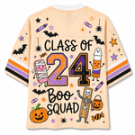 A light peach-colored short-sleeve t-shirt with a colorful 'Class of 2024 Boo Squad' Halloween graphic, shown on a plain white background.