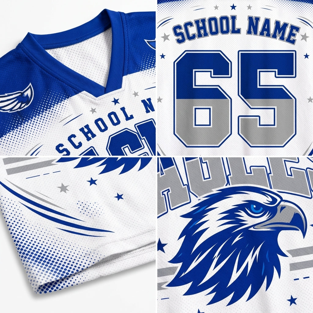 Customizable sports jersey mockup showing front, back, and eagle head graphic panels in blue and white with gray gradient number 65 and placeholder text.
