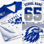 Customizable sports jersey mockup showing front, back, and eagle head graphic panels in blue and white with gray gradient number 65 and placeholder text.