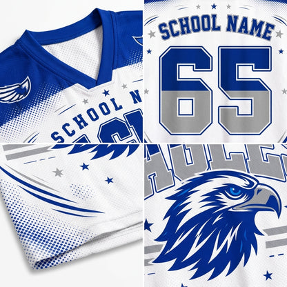 Customizable sports jersey mockup showing front, back, and eagle head graphic panels in blue and white with gray gradient number 65 and placeholder text.
