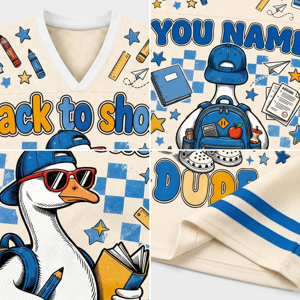 A close-up collage of a cream-colored athletic jersey or sweatshirt fabric with blue and yellow printed graphics. The design includes a V-neck, mesh texture, blue stripes, a cartoon duck wearing a blue cap and sunglasses with a backpack, stars, pencils, books, and text such as 'YOU NAME' and 'DUDS'.