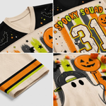 Product compilation highlighting the cream V-neck ribbed collar, black yoke with bat doodles, lime green and orange sleeve athletic stripes, and breathable mesh fabric.