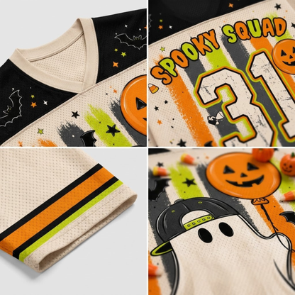 Product compilation highlighting the cream V-neck ribbed collar, black yoke with bat doodles, lime green and orange sleeve athletic stripes, and breathable mesh fabric.