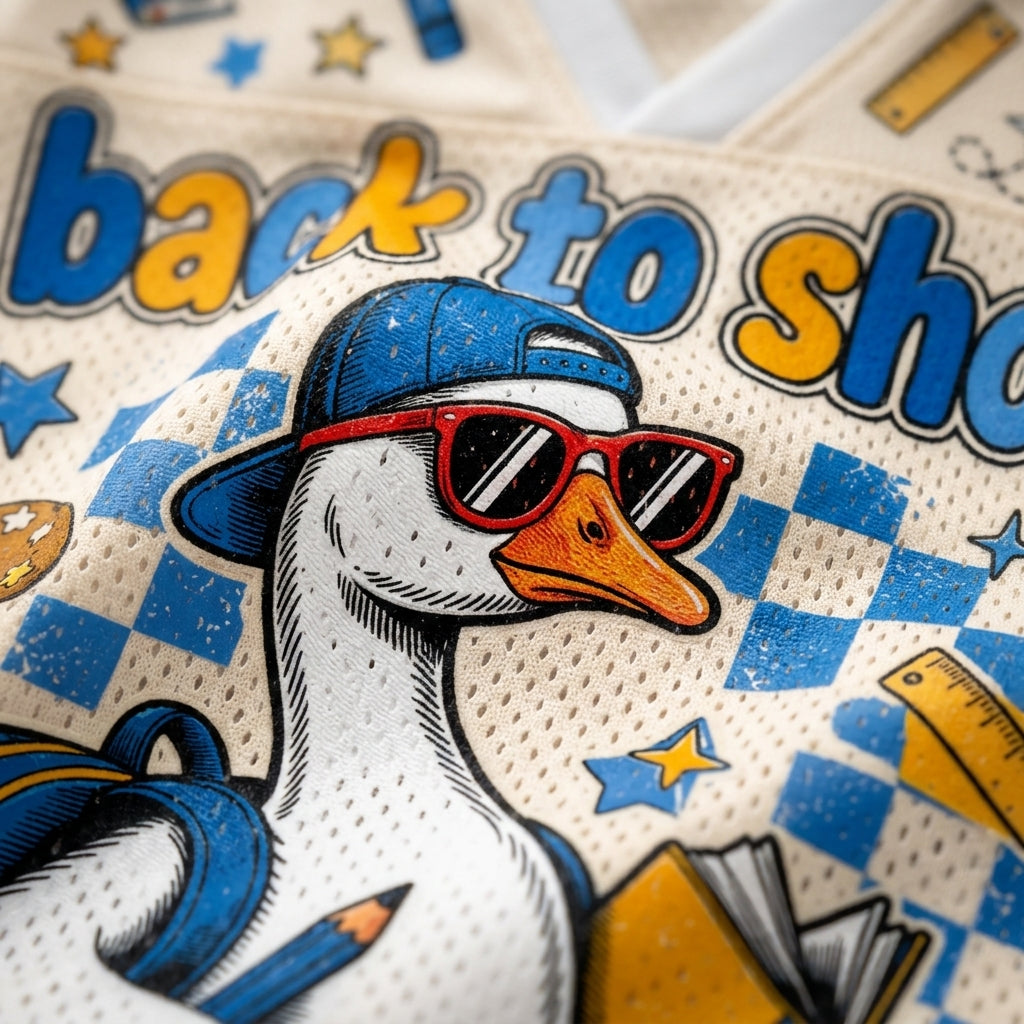 Close-up of a graphic t-shirt featuring a cartoon duck wearing a blue cap and red sunglasses, with 'back to school' text and school-themed doodles on a cream mesh fabric.
