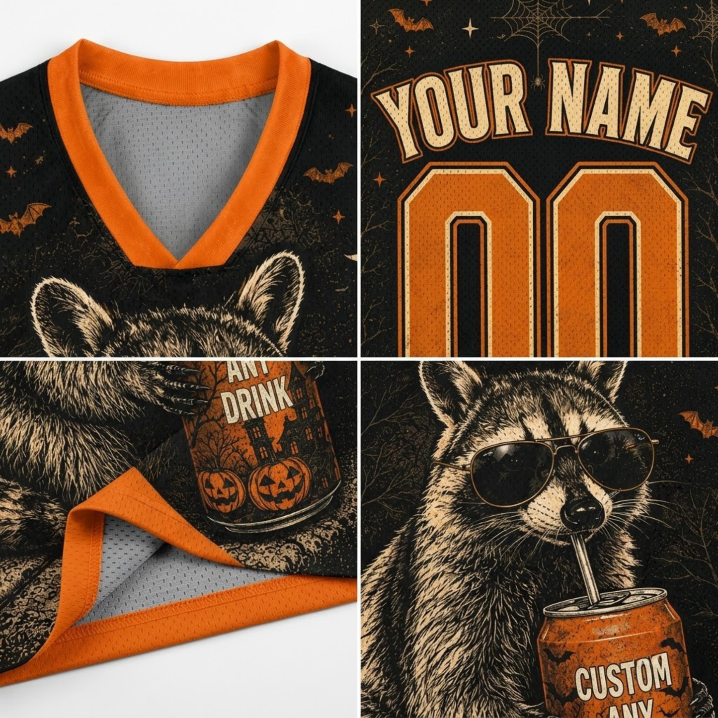 A custom black and orange V-neck jersey shown in a four-panel collage. The jersey features a raccoon graphic holding a pumpkin-lit drink can, with customizable text reading 'YOUR NAME' and '00' on the chest.