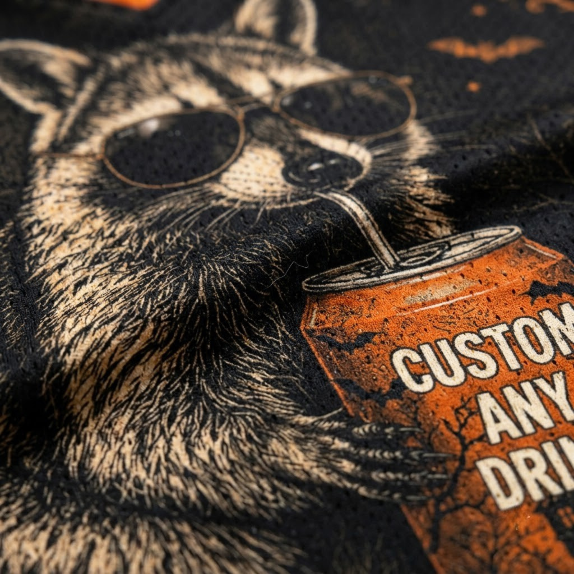 Close-up of a graphic print featuring a raccoon wearing round sunglasses and holding an orange soda can with the text 'CUSTOM ANY DRINK'.