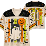 Front and back mockup preview of the cream Chaotic Club Halloween jersey featuring a cool ghost with a backwards cap, pumpkin balloon, and Spooky Squad number 31.