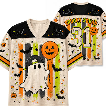 Front and back mockup preview of the cream Chaotic Club Halloween jersey featuring a cool ghost with a backwards cap, pumpkin balloon, and Spooky Squad number 31.