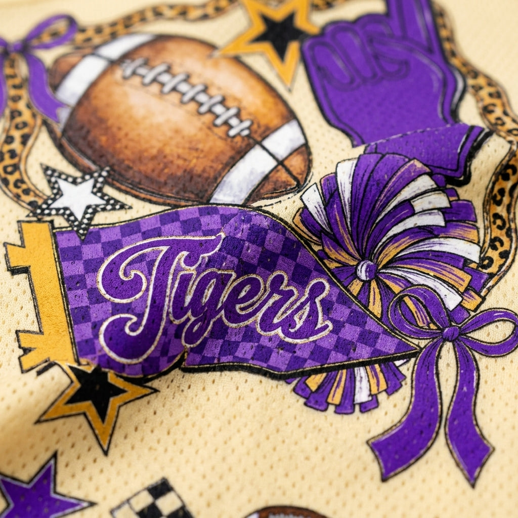 Close-up of a purple and gold tiger-themed fabric print featuring a football, pom-pom, ribbon, stars, and the word 'Tigers' on a beige mesh-like background.