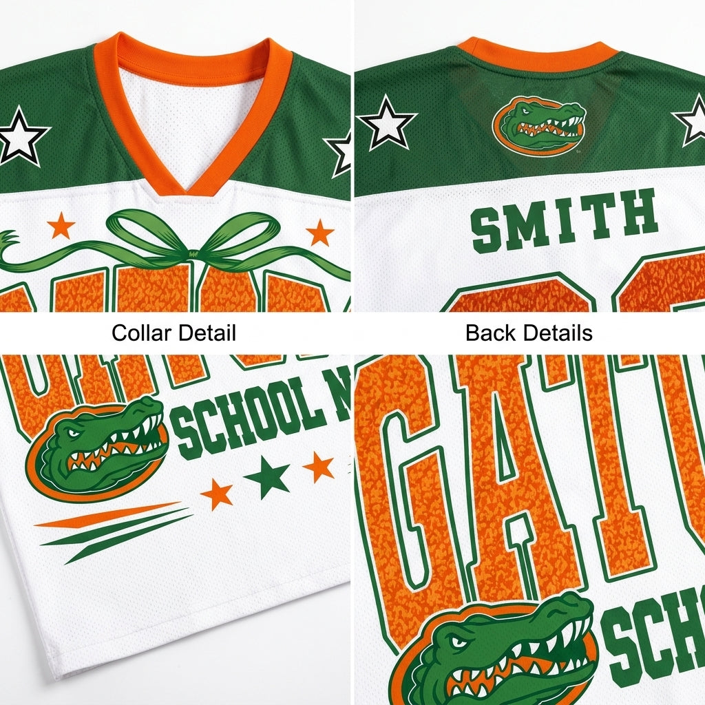A collage showing multiple views of a custom Florida Gators sports jersey, including the front, back, collar detail, and back numbers. The jersey is white with green and orange graphics, featuring the Florida Gators logo, 'SMITH' on the back, and 'GATORS SCHOOL W' on the front.