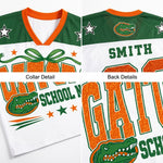 A collage showing multiple views of a custom Florida Gators sports jersey, including the front, back, collar detail, and back numbers. The jersey is white with green and orange graphics, featuring the Florida Gators logo, 'SMITH' on the back, and 'GATORS SCHOOL W' on the front.