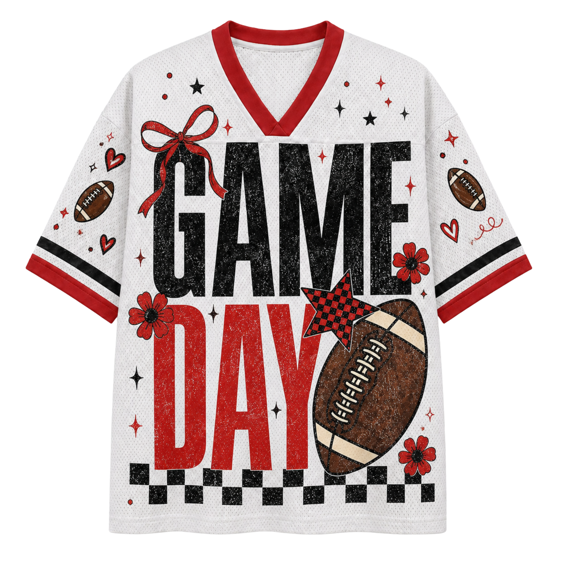 A white short-sleeve V-neck jersey-style shirt with red trim and a distressed 'GAME DAY' graphic, featuring footballs, stars, hearts, flowers, and a checkered stripe at the bottom.