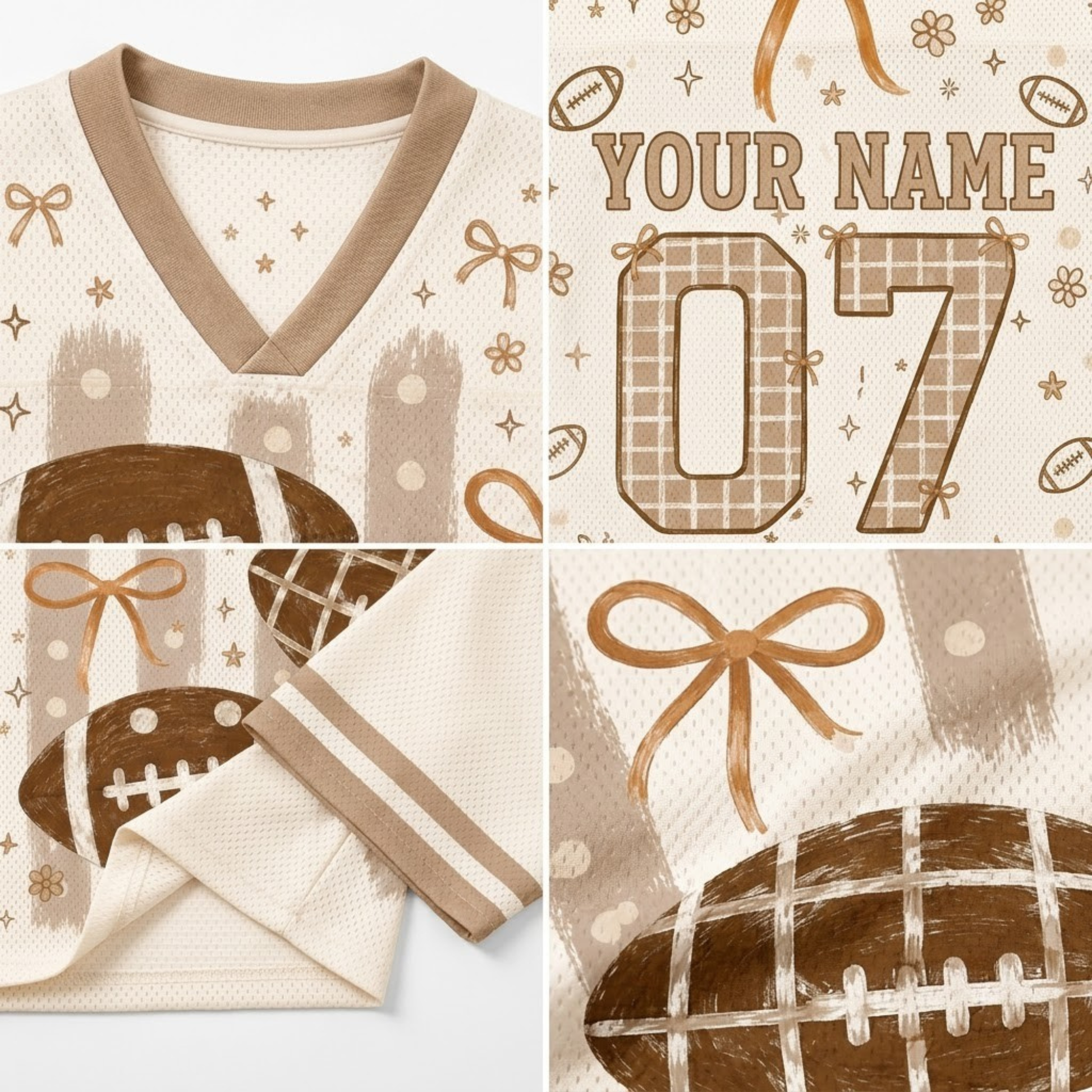 A four-panel close-up collage showing details of a custom football jersey: the V-neck collar, a customizable name and number patch area, a folded sleeve with stripes, and a close-up of the football graphic. The jersey has a cream mesh body with tan trim and brown football illustrations.
