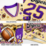 A four-panel product detail collage showing a custom football jersey. The panels display close-ups of the collar, back number '25' print, front graphic print with footballs, stars, and a purple 'Tigers' logo, and the hem.