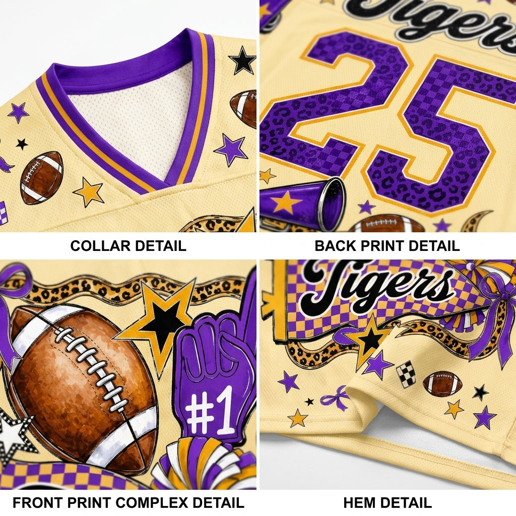 A four-panel product detail collage showing a custom football jersey. The panels display close-ups of the collar, back number '25' print, front graphic print with footballs, stars, and a purple 'Tigers' logo, and the hem.