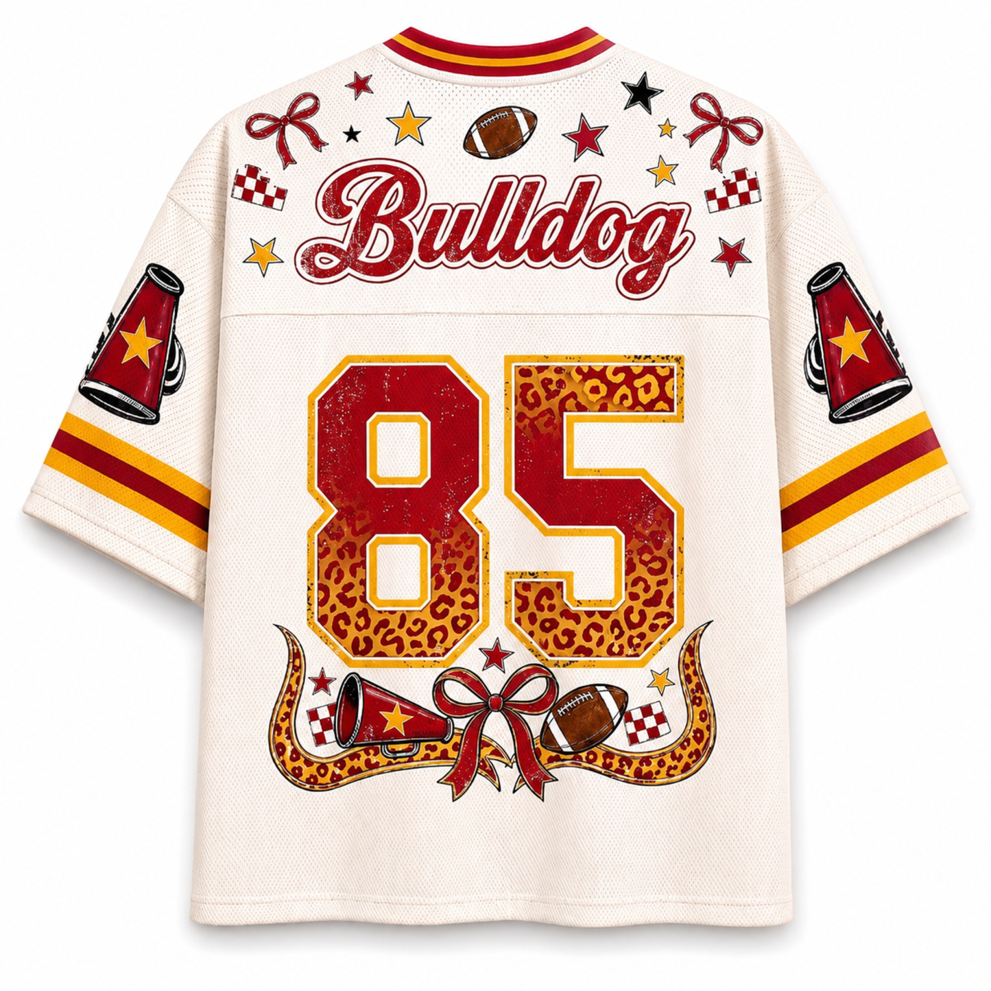 A white short-sleeve football jersey shown from the back, featuring 'Bulldog' in red script across the upper back, the number '85' in red with a leopard-print fill, and decorative graphics including stars, bows, footballs, and megaphones on the sleeves.