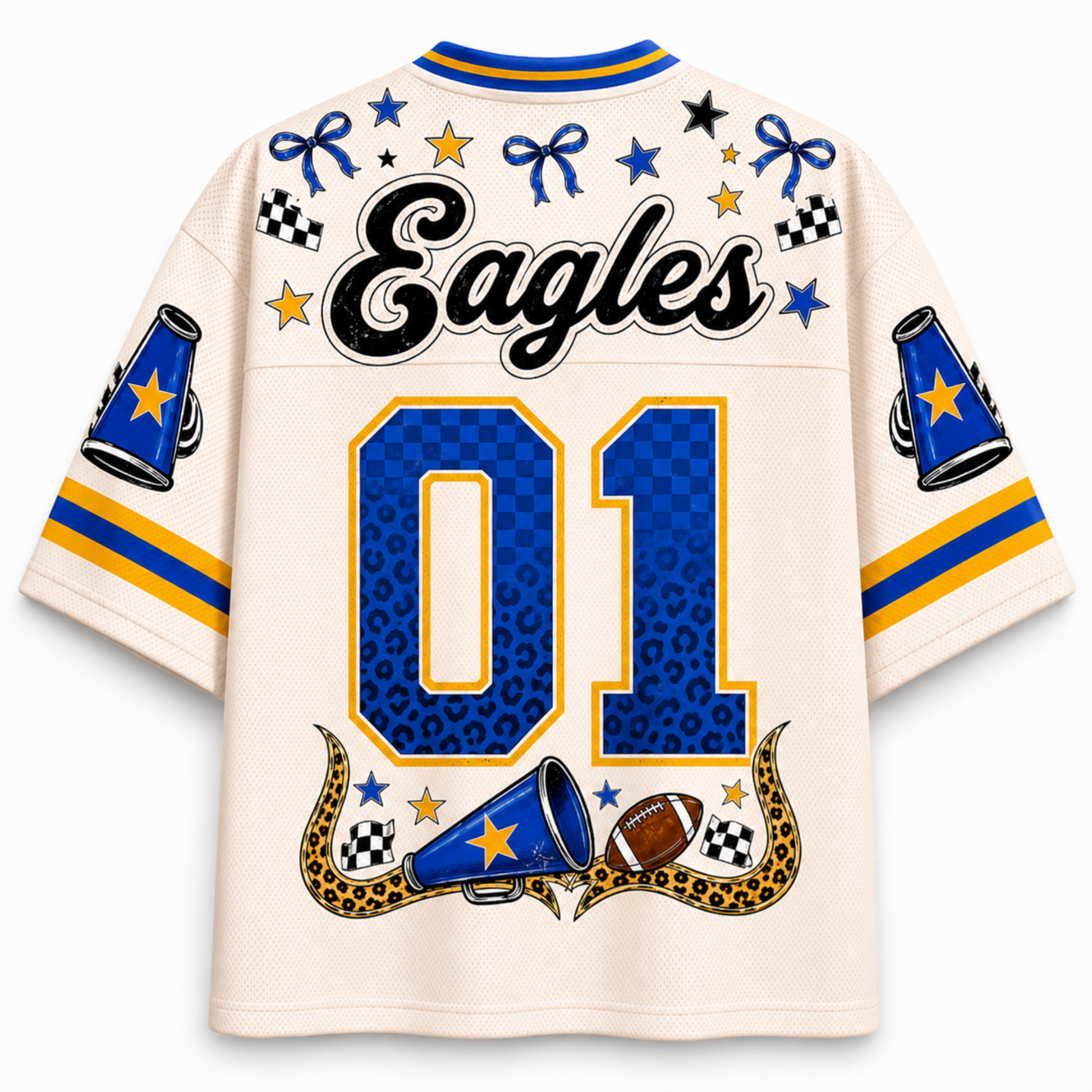 A cream-colored short-sleeve sports jersey shown from the back, featuring 'Eagles' in black script across the shoulders, a large blue and gold '01' on the back, and various blue, yellow, and black graphic accents including stars, checkered flags, and megaphones.