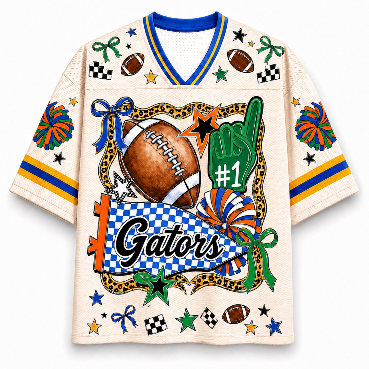 A short-sleeve V-neck graphic t-shirt in cream with blue and yellow accents, featuring a football-themed design with the word 'Gators' and various sports motifs like a football, foam finger, and stars.