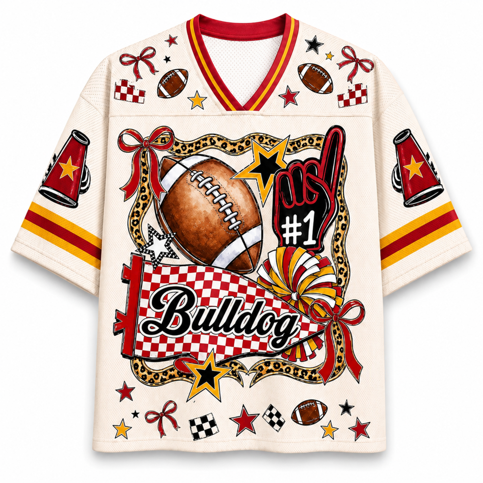 An off-white short-sleeve V-neck jersey with red and yellow trim, featuring a large graphic on the front with a football, stars, checkered patterns, the word 'Bulldog', and 'No. 1'.