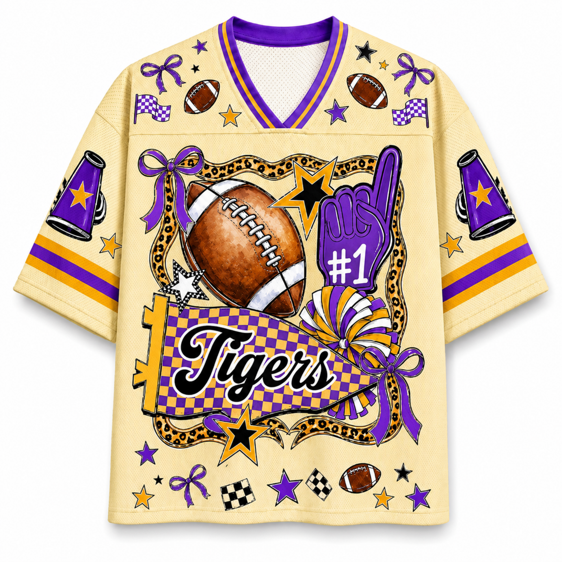 A short-sleeve athletic jersey with a purple and gold checkered V-neck collar, featuring a large football-themed graphic on the front with the word 'Tigers', a purple foam finger, stars, and decorative elements on a cream background.