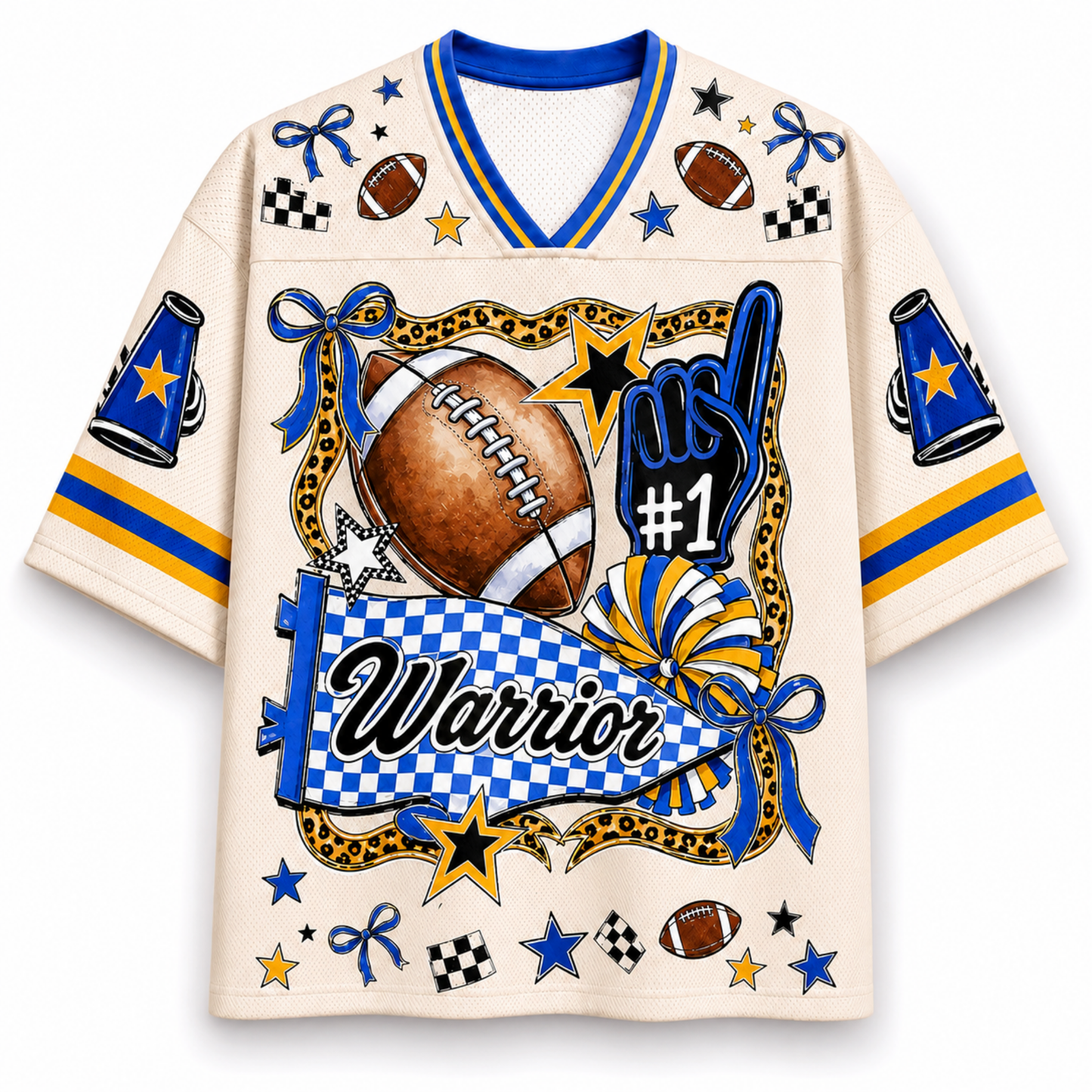 A cream-colored short-sleeve V-neck jersey with blue and yellow athletic graphics, including a large football, star, bow, checkered details, and the word 'Warrior' on the front.