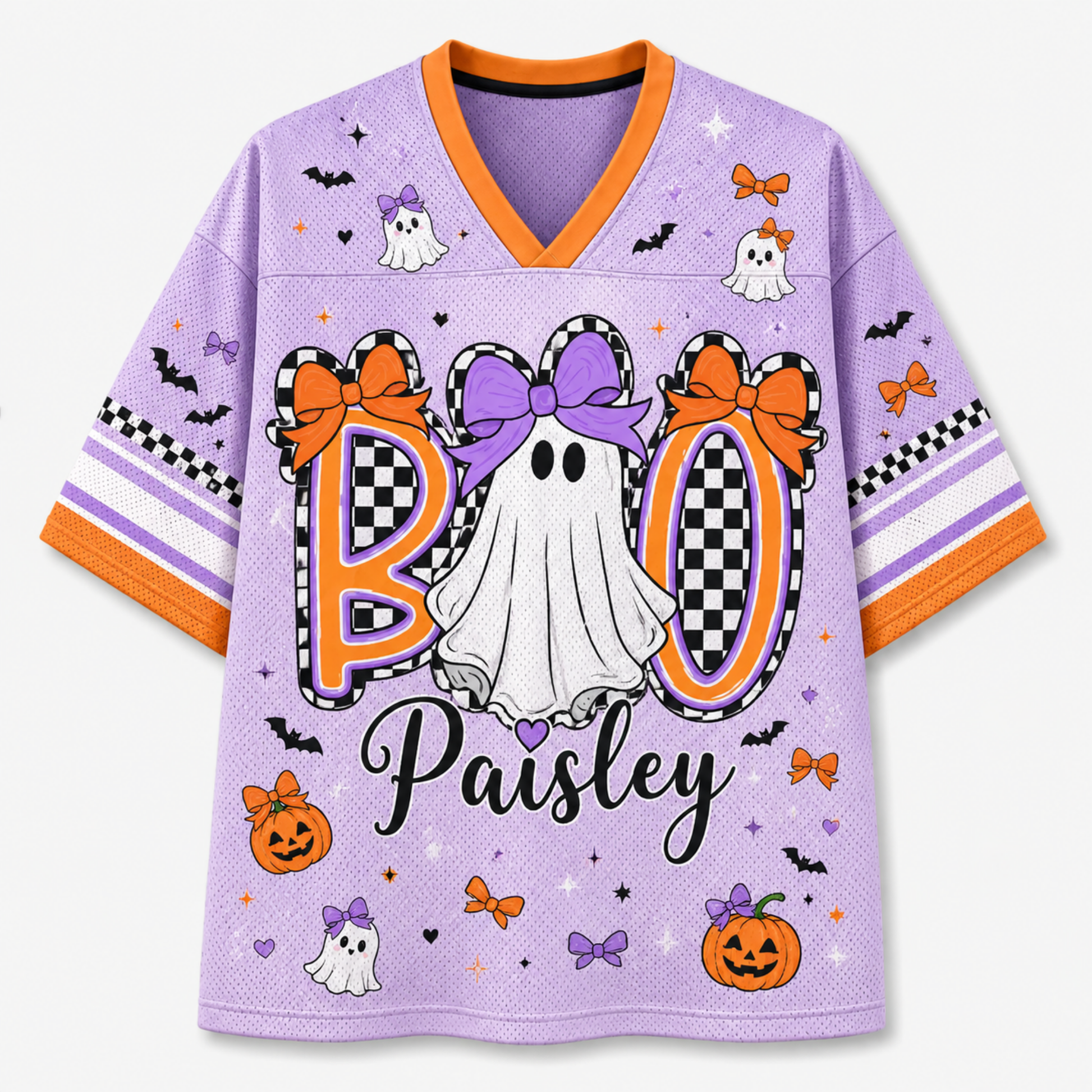 A purple mesh short-sleeve V-neck jersey with orange trim and a Halloween graphic that reads 'BOO Paisley' with ghosts, pumpkins, bats, and checkered details on a light gray background.