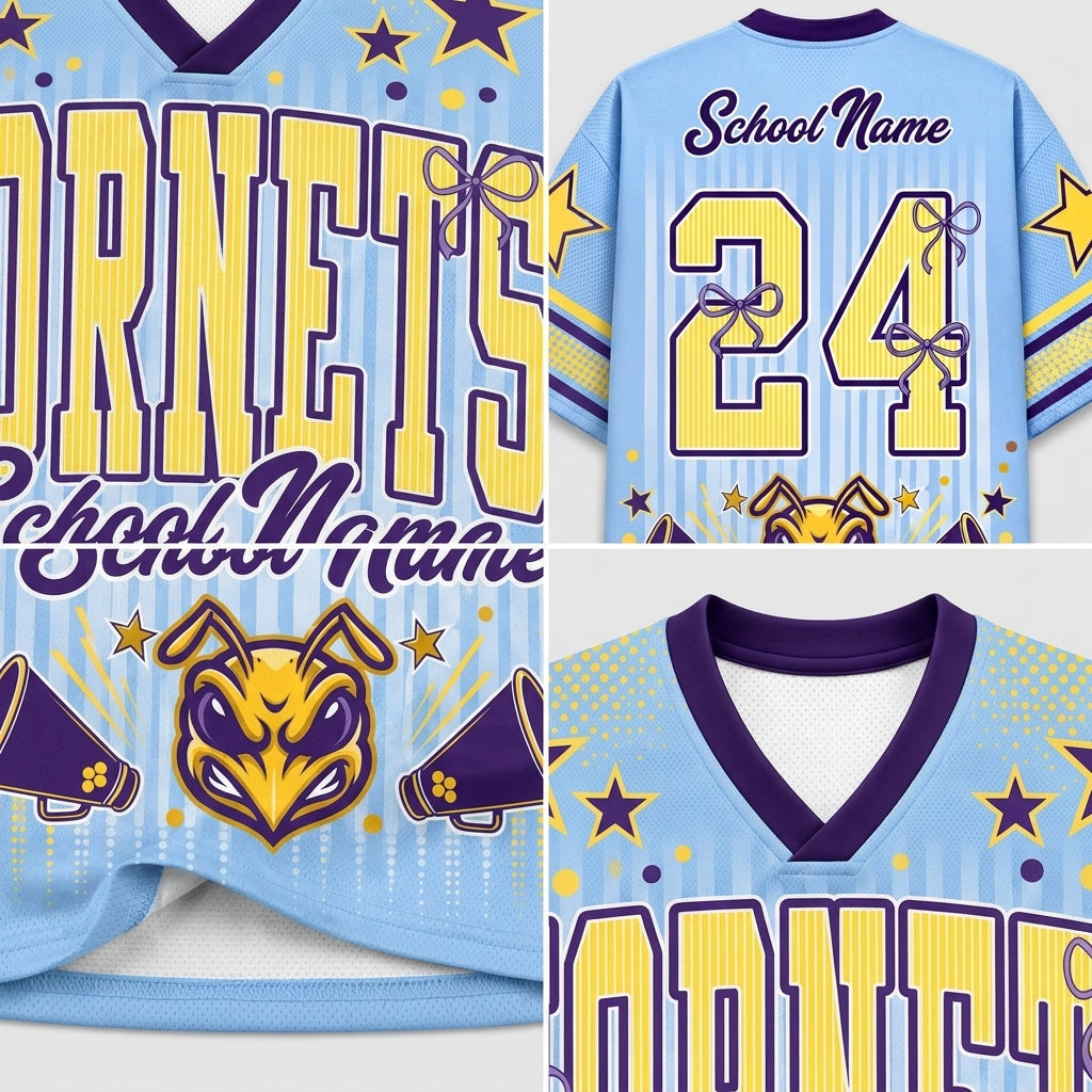 Custom light blue and purple high school cornet jersey shown in multiple views, featuring yellow lettering, the number 24, a hornet mascot graphic, and star accents.
